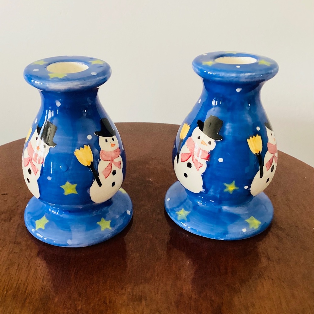 Set of Snowman Holiday Candlesticks, Christmas Candlesticks, Holiday Decor